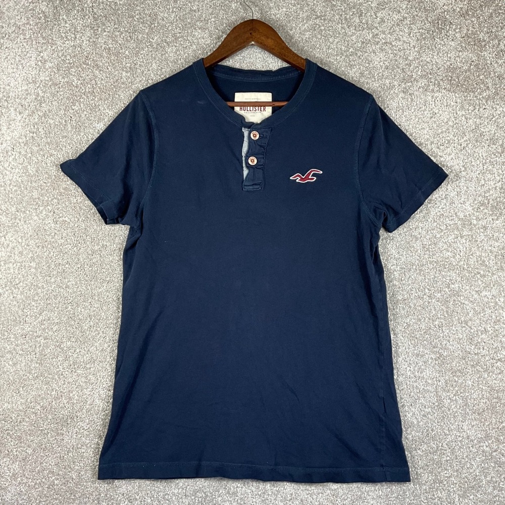 Hollister Mens Henley Shirt XL Navy Blue Short Sleeve Logo Casual Tee
